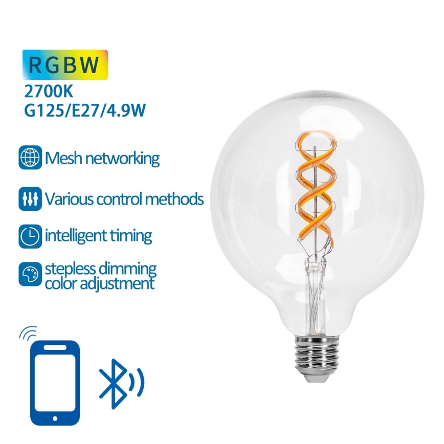 LED RGBW Lâmpada FILAMENT G125 E27/4,9W/230V 2700K - Aigostar