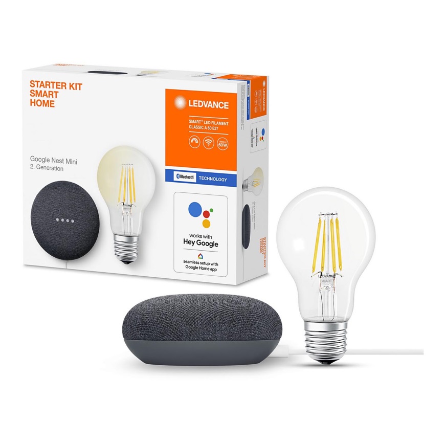 Ledvance - Altifalante inteligente Google Nest Mini + Lâmpada LED com regulação SMART+ A60 E27/60W/230V