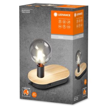 Ledvance - Candeeiro de mesa táctil com entrada USB DECOR WOOD 1xE27/8W/230V borracha de figueira