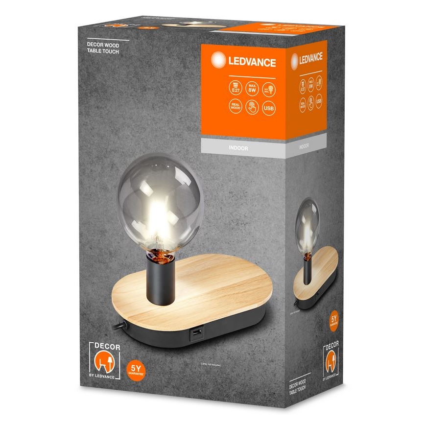 Ledvance - Candeeiro de mesa táctil com entrada USB DECOR WOOD 1xE27/8W/230V borracha de figueira