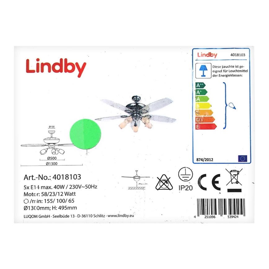 Lindby - Ventoinha de teto com uma iluminação CEDRIK 5xE14/40W/230V