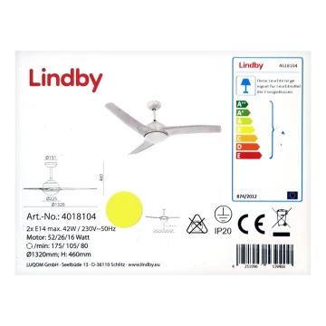 Lindby - Ventoinha de teto EMANUEL 2xE14/42W/230V + controlo remoto