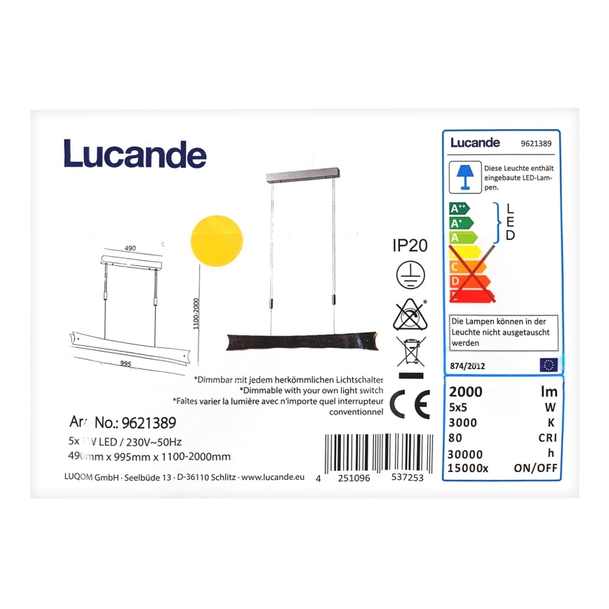 Lucande - Candelabro suspenso LED com regulação EBBA 5xLED/5W/230V