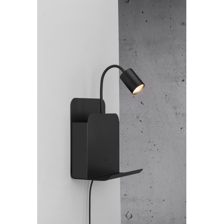 Nordlux - Foco de parede com prateleira e porta USB ROOMI 1xGU10/8W/230V preto