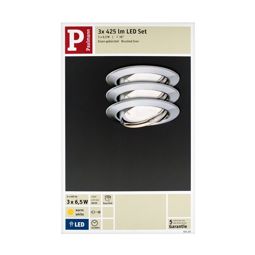 Paulmann 92102 - CONJUNTO 3xLED-GU10/6,5W Luz embutida 230V