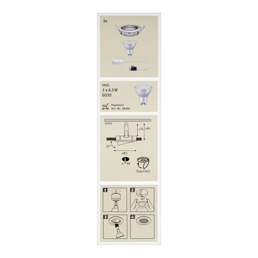 Paulmann 92102 - CONJUNTO 3xLED-GU10/6,5W Luz embutida 230V