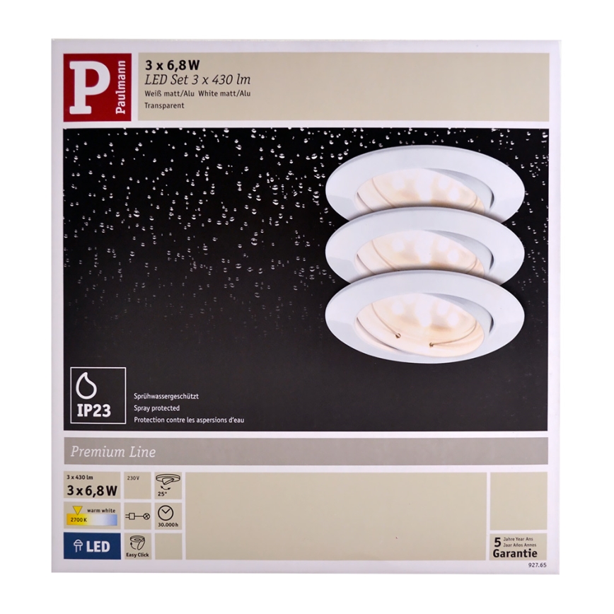 Paulmann 92765 - CONJUNTO 3xLED/6,8W Iluminação de encastrar para casa de banho COIN 230V