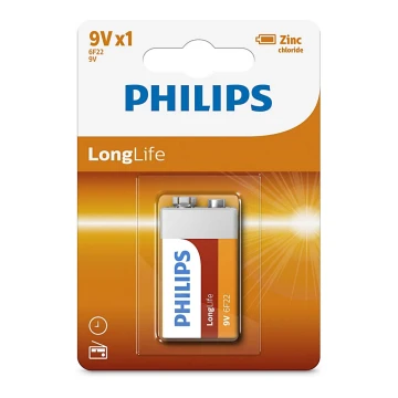 Philips 6F22L1B/10 - Pilha de cloreto de zinco 6F22 LONGLIFE 9V 150mAh