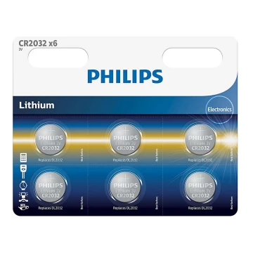 Philips CR2032P6/01B - 6 pçs Célula de botão de lítio CR2032 MINICELLS 3V 240mAh