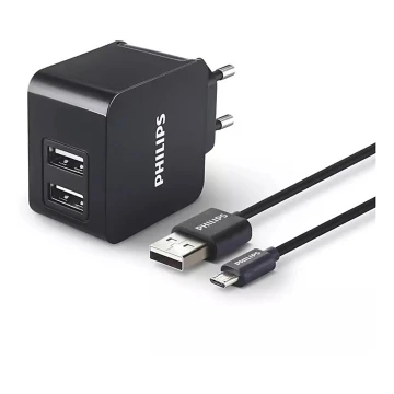 Philips DLP2307U/12 - Adaptador de carregamento 2xUSB/15,5W/230V + cabo micro USB 1m