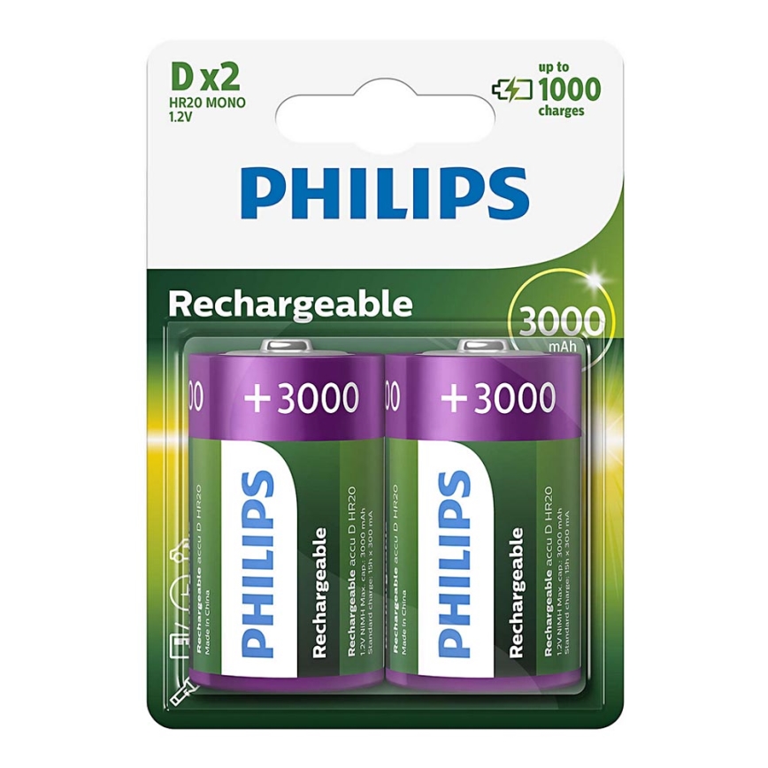 Philips R20B2A300/10 - 2 pçs Pilha recarregável D MULTILIFE NiMH/1,2V/3000 mAh