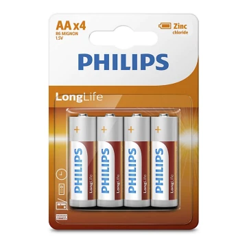 Philips R6L4B/10 - 4 pçs Pilha de cloreto de zinco AA LONGLIFE 1,5V 900mAh