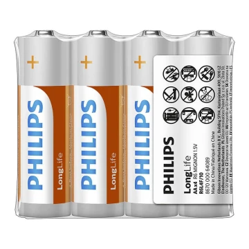 Philips R6L4F/10 - 4 pçs Pilha de cloreto de zinco AA LONGLIFE 1,5V 900mAh