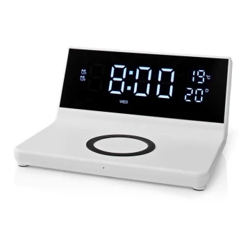 Relógio despertador com visor LCD e carregador sem fios 15W/230V branco