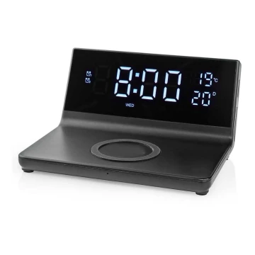 Relógio despertador com visor LCD e carregador sem fios 15W/230V preto