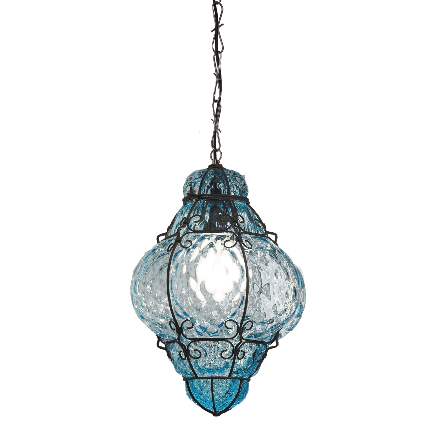 SIRU- Candeeiro suspenso CLASSIC 1xE27/60W/230V diâmetro 30 cm azul/preto Vidro veneziano