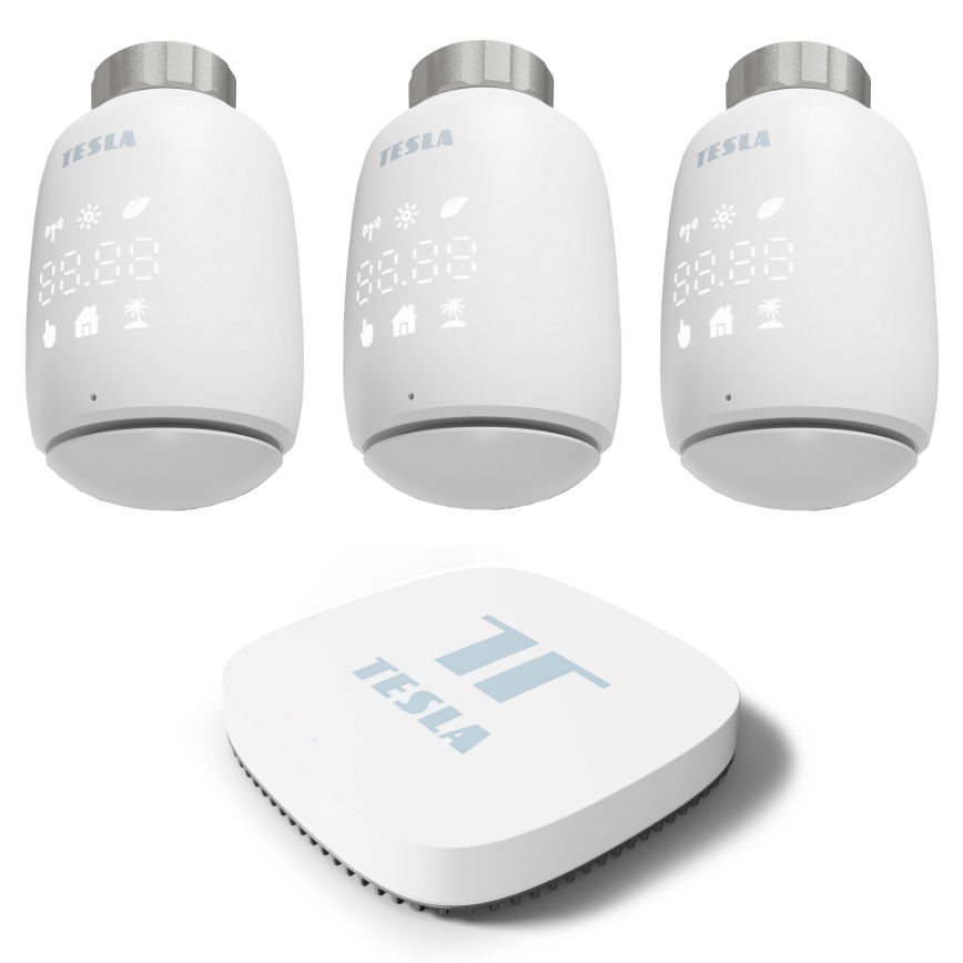 TESLA Smart - CONJUNTO 3x Cabeças termostáticas inteligente sem fios 2xAA + inteligente portal Hub Zigbee Wi-Fi