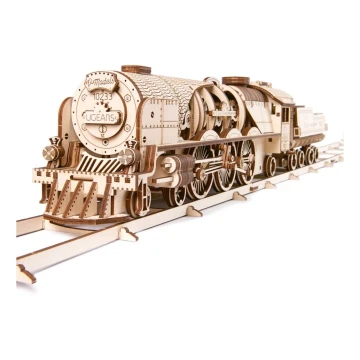 Ugears - 3D puzzle mecânico de madeira V-Express locomotiva a vapor com vagão